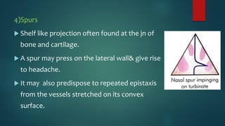 4)Spurs
 Shelf like projection often found at the jn of
bone and cartilage.
 A spur may press on the lateral wall& give rise
to headache.
 It may also predispose to repeated epistaxis
from the vessels stretched on its convex
surface.
 