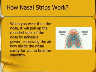 How Nasal Strips Work?
? When you wear it on the
nose, it will pull up the
rounded sides of the
nose by adhesive
power, enhancing the air
flow inside the nasal
cavity for you to breathe
smoothly.
 