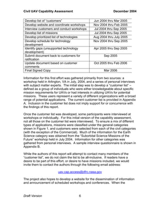 Civil UAV Capability Assessment December 2004 
Develop list of “customers” Jun 2004 thru Mar 2005 
Develop website and coordinate workshops Nov 2004 thru Feb 2005 
Interview customers and conduct workshops Jul 2004 thru Sep 2005 
Develop list of missions Jul 2004 thru Sep 2005 
Develop prioritized list of technologies Aug 2004 thru July 2005 
Develop schedule for technology 
development 
Draft Version 6 
Nov 2004 thru Sep 2005 
Identify gaps (unsupported technology 
development) 
Apr 2005 thru Sep 2005 
Submit document back to customers for 
ratification 
Sep 2005 
Update document based on customer 
comments 
Oct 2005 thru Feb 2006 
Final Signed Copy Mar 2006 
Information for this first effort was gathered primarily from two sources: a 
workshop held in Arlington, VA in July, 2004, and a series of personal interviews 
with subject matter experts. The initial step was to develop a “customer list” – 
defined as a group of individuals who were either knowledgeable about specific 
mission requirements for UAVs or had interests in utilizing UAVs for potential 
missions. These users represent a variety of different organizations with a broad 
range of potential applications. The current customer list is provided in Appendix 
A. Inclusion in the customer list does not imply support for or concurrence with 
the findings of this report. 
Once the customer list was developed, some participants were interviewed at 
workshops or individually. For this initial version of the capability assessment, 
not all those on the customer list were interviewed. To ensure a mix of different 
types of applications, missions were classified under the general categories 
shown in Figure 1, and customers were selected from each of the civil categories 
(with the exception of the Commercial). Much of the information for the Earth 
Science category was obtained from the “Suborbital Science Missions of the 
Future” workshop held in July 2004. Information for other categories was 
gathered from personal interviews. A sample interview questionnaire is shown in 
Appendix B. 
While the authors of this report will attempt to contact many members of the 
“customer list”, we do not claim the list to be all-inclusive. If readers have a 
desire to be part of this effort, or desire to have missions included, we would 
invite them to contact the authors through the following email address: 
uav.cap.access@dfrc.nasa.gov 
The project also hopes to develop a website for the dissemination of information 
and announcement of scheduled workshops and conferences. When the 
 
