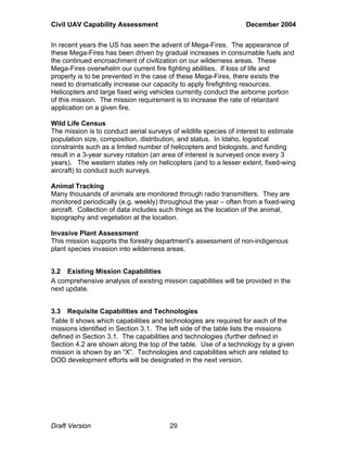 Civil UAV Capability Assessment December 2004 
In recent years the US has seen the advent of Mega-Fires. The appearance of 
these Mega-Fires has been driven by gradual increases in consumable fuels and 
the continued encroachment of civilization on our wilderness areas. These 
Mega-Fires overwhelm our current fire fighting abilities. If loss of life and 
property is to be prevented in the case of these Mega-Fires, there exists the 
need to dramatically increase our capacity to apply firefighting resources. 
Helicopters and large fixed wing vehicles currently conduct the airborne portion 
of this mission. The mission requirement is to increase the rate of retardant 
application on a given fire. 
Wild Life Census 
The mission is to conduct aerial surveys of wildlife species of interest to estimate 
population size, composition, distribution, and status. In Idaho, logistical 
constraints such as a limited number of helicopters and biologists, and funding 
result in a 3-year survey rotation (an area of interest is surveyed once every 3 
years). The western states rely on helicopters (and to a lesser extent, fixed-wing 
aircraft) to conduct such surveys. 
Animal Tracking 
Many thousands of animals are monitored through radio transmitters. They are 
monitored periodically (e.g. weekly) throughout the year – often from a fixed-wing 
aircraft. Collection of data includes such things as the location of the animal, 
topography and vegetation at the location. 
Invasive Plant Assessment 
This mission supports the forestry department’s assessment of non-indigenous 
plant species invasion into wilderness areas. 
3.2 Existing Mission Capabilities 
A comprehensive analysis of existing mission capabilities will be provided in the 
next update. 
3.3 Requisite Capabilities and Technologies 
Table II shows which capabilities and technologies are required for each of the 
missions identified in Section 3.1. The left side of the table lists the missions 
defined in Section 3.1. The capabilities and technologies (further defined in 
Section 4.2 are shown along the top of the table. Use of a technology by a given 
mission is shown by an “X”. Technologies and capabilities which are related to 
DOD development efforts will be designated in the next version. 
Draft Version 29 
 
