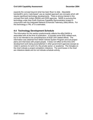 Civil UAV Capability Assessment December 2004 
expands the concept beyond what has been flown to date. Adjustable 
bandwidth’s and a ‘web-based’ use as needed approach are concepts which still 
require significant technology developments. There is strong interest in this 
concept from both civilian (NASA) and DOD agencies. NASA is pursuing this 
technology under their Earth Sciences Capability Demonstration project in 
conjunction with the Integrated Network Enhanced Telemetry (iNet) efforts. For 
this technology a TRL of 3 is estimated. 
4.4 Technology Development Schedule 
The information for this section predominantly reflects the effort NASA is 
associated with at the time of publication. It includes some DOD related work, 
but is not intended to be comprehensive of DOD UAV related efforts. The 
information was obtained from NASA Vehicle System Program and sub-project 
plans and interviews with project people. It does not reflect at this time UAV 
development work being accomplished in other government agencies (except as 
noted in sections 4.2 and 4.3), the private sector, or academia. The triangles on 
the chart indicate a project completion milestone. The word boxes in the chart 
are milestone labels and do not indicate schedule activity. 
Draft Version 50 
 