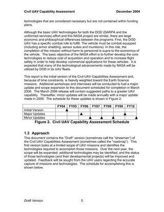Civil UAV Capability Assessment December 2004 
technologies that are considered necessary but are not contained within funding 
plans. 
Although the basic UAV technologies for both the DOD (DARPA and the 
uniformed services) effort and this NASA project are similar, there are large 
economic and philosophical differences between the programs. First, the DOD 
UAV has a specific combat role to fulfill. The vehicle must be combat equipped 
(including armor shielding, sensor suites and munitions). In this role, the 
completion of the mission without harm to personnel is supra to the economics of 
the vehicle. The basic objective of the NASA effort is to further develop the core 
technologies to reduce cost of acquisition and operation and to increase flight 
safety in order to help develop commercial applications for these vehicles. It is 
expected that many of the technological advancements made by NASA will be 
utilized by DOD in its UAV fleets. 
This report is the initial version of the Civil UAV Capabilities Assessment and, 
because of time constraints, is heavily weighted toward the Earth Science 
missions. Additional workshops and interviews will be conducted to fuel a major 
update and scope expansion to this document scheduled for completion in March 
2006. The March 2006 release will contain suggested paths to a greater UAV 
capability. Thereafter, minor updates will be made annually with a major update 
made in 2009. The schedule for these updates is shown in Figure 2. 
FY04 FY05 FY06 FY07 FY08 FY09 FY10 
Initial Version 
Major Updates 
Minor Updates 
Figure 2. Civil UAV Capability Assessment Schedule 
1.3 Approach 
This document contains the “Draft” version (sometimes call the “strawman”) of 
the Civil UAV Capabilities Assessment (sometimes called the “roadmap”). This 
first version looks at a limited scope of UAV missions and identifies the 
technologies required to accomplish those missions. Over the next year, the 
scope will be expanded, additional technologies may be identified, and the status 
of those technologies (and their developmental projects) will be improved and 
updated. Feedback will be sought from the UAV users regarding the accurate 
capture of missions and technologies. The schedule for accomplishing this is 
shown below. 
Draft Version 5 
 