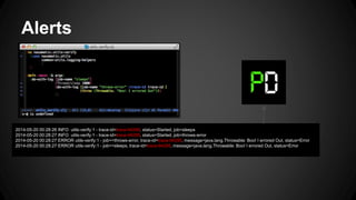 Alerts
2014-05-20 00:28:26 INFO utils-verify:1 - trace-id=trace-94295, status=Started, job=sleeps
2014-05-20 00:28:27 INFO utils-verify:1 - trace-id=trace-94295, status=Started, job=throws-error
2014-05-20 00:28:27 ERROR utils-verify:1 - job==throws-error, trace-id=trace-94295, message=java.lang.Throwable: Boo! I errored Out, status=Error
2014-05-20 00:28:27 ERROR utils-verify:1 - job==sleeps, trace-id=trace-94295, message=java.lang.Throwable: Boo! I errored Out, status=Error
 