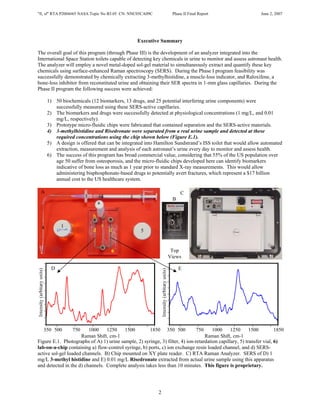 "fi, sf" RTA P2004#65 NASA Topic No B3.05 CN: NNC05CA09C          Phase II Final Report                       June 2, 2007




                                                 Executive Summary

The overall goal of this program (through Phase III) is the development of an analyzer integrated into the
International Space Station toilets capable of detecting key chemicals in urine to monitor and assess astronaut health.
The analyzer will employ a novel metal-doped sol-gel material to simultaneously extract and quantify these key
chemicals using surface-enhanced Raman spectroscopy (SERS). During the Phase I program feasibility was
successfully demonstrated by chemically extracting 3-methylhistidine, a muscle-loss indicator, and Raloxifene, a
bone-loss inhibitor from reconstituted urine and obtaining their SER spectra in 1-mm glass capillaries. During the
Phase II program the following success were achieved:

     1) 50 biochemicals (12 biomarkers, 13 drugs, and 25 potential interfering urine components) were
        successfully measured using these SERS-active capillaries.
     2) The biomarkers and drugs were successfully detected at physiological concentrations (1 mg/L, and 0.01
        mg/L, respectively).
     3) Prototype micro-fluidic chips were fabricated that contained separation and the SERS-active materials.
     4) 3-methylhistidine and Risedronate were separated from a real urine sample and detected at these
        required concentrations using the chip shown below (Figure E.1).
     5) A design is offered that can be integrated into Hamilton Sundstrand’s ISS toilet that would allow automated
        extraction, measurement and analysis of each astronaut’s urine every day to monitor and assess health.
     6) The success of this program has broad commercial value, considering that 55% of the US population over
        age 50 suffer from osteoporosis, and the micro-fluidic chips developed here can identify biomarkers
        indicative of bone loss as much as 1 year prior to standard X-ray measurements. This would allow
        administering bisphosphonate-based drugs to potentially avert fractures, which represent a $17 billion
        annual cost to the US healthcare system.

 A                                                                    C
                       3                          2               B
                               a

                           b

 4         1                       c
                           d           d           5


                                       6                         Top
                                                                Views

      D                                                               E




  350 500        750     1000    1250    1500         1850 350 500            750     1000     1250      1500         1850
                     Raman Shift, cm-1                                            Raman Shift, cm-1
Figure E.1. Photographs of A) 1) urine sample, 2) syringe, 3) filter, 4) ion-retardation capillary, 5) transfer vial, 6)
lab-on-a-chip containing a) flow-control syringe, b) ports, c) ion exchange resin loaded channel, and d) SERS-
active sol-gel loaded channels. B) Chip mounted on XY plate reader. C) RTA Raman Analyzer. SERS of D) 1
mg/L 3-methyl histidine and E) 0.01 mg/L Risedronate extracted from actual urine sample using this apparatus
and detected in the d) channels. Complete analysis takes less than 10 minutes. This figure is proprietary.




                                                            2
 