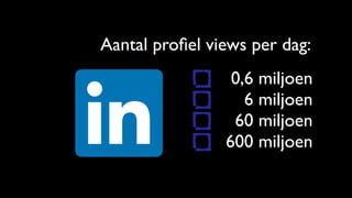 Aantal proﬁel views per dag:
0,6 miljoen
6 miljoen
60 miljoen
600 miljoen
 