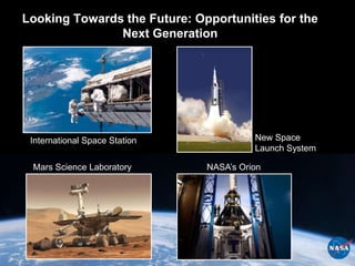 Looking Towards the Future: Opportunities for the
               Next Generation




 International Space Station             New Space
                                         Launch System

 Mars Science Laboratory       NASA’s Orion
 
