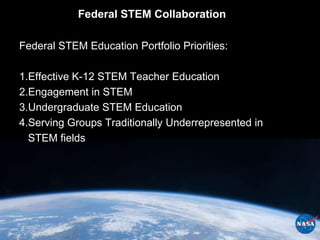 Federal STEM Collaboration

Federal STEM Education Portfolio Priorities:

1.Effective K-12 STEM Teacher Education
2.Engagement in STEM
3.Undergraduate STEM Education
4.Serving Groups Traditionally Underrepresented in
  STEM fields
 