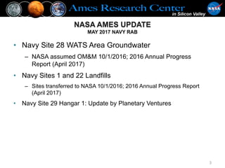 • Navy Site 28 WATS Area Groundwater
– NASA assumed OM&M 10/1/2016; 2016 Annual Progress
Report (April 2017)
• Navy Sites 1 and 22 Landfills
– Sites transferred to NASA 10/1/2016; 2016 Annual Progress Report
(April 2017)
• Navy Site 29 Hangar 1: Update by Planetary Ventures
NASA AMES UPDATE
MAY 2017 NAVY RAB
3
 