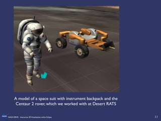 11	

NASAVERVE: Interactive 3DVisualization within Eclipse	

A model of a space suit with instrument backpack and the
Centaur 2 rover, which we worked with at Desert RATS 	

 