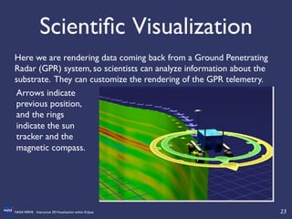 23	

NASAVERVE: Interactive 3DVisualization within Eclipse	

Scientiﬁc Visualization	

Here we are rendering data coming back from a Ground Penetrating
Radar (GPR) system, so scientists can analyze information about the
substrate. They can customize the rendering of the GPR telemetry.	

Arrows indicate
previous position,
and the rings
indicate the sun
tracker and the
magnetic compass.	

 