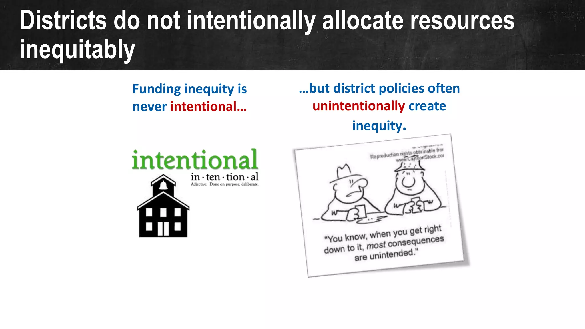 Districts do not intentionally allocate resources
inequitably
…but district policies often
unintentionally create
inequity.
Funding inequity is
never intentional…
 