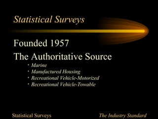 Statistical Surveys

Founded 1957
The Authoritative Source
       •   Marine
       •   Manufactured Housing
       •   Recreational Vehicle-Motorized
       •   Recreational Vehicle-Towable




Statistical Surveys                     The Industry Standard
 
