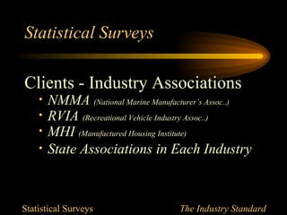 Statistical Surveys

Clients - Industry Associations
    •   NMMA (National Marine Manufacturer’s Assoc..)
    •   RVIA (Recreational Vehicle Industry Assoc..)
    •   MHI (Manufactured Housing Institute)
    •   State Associations in Each Industry



Statistical Surveys                  The Industry Standard
 