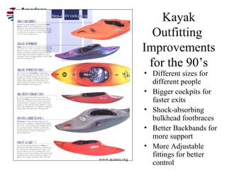 Kayak
                   Outfitting
                 Improvements
                  for the 90’s
                 • Different sizes for
                   different people
                 • Bigger cockpits for
                   faster exits
                 • Shock-absorbing
                   bulkhead footbraces
                 • Better Backbands for
                   more support
                 • More Adjustable
www.acanet.org
                   fittings for better
                   control
 