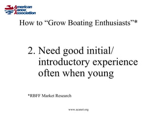 How to “Grow Boating Enthusiasts”*


  2. Need good initial/
     introductory experience
     often when young

  *RBFF Market Research


                     www.acanet.org
 