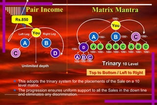 Pair Income <ul><ul><li>This adopts the trinary system for the placements of the Sale on a 10 level matrix. </li></ul></ul...