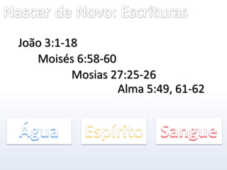 Nascer de Novo: EscriturasJoão 3:1-18Moisés 6:58-60Mosias 27:25-26Alma 5:49, 61-62ÁguaSangueEspírito