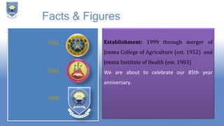 1952
1983
1999
Facts & Figures
Establishment: 1999 through merger of
Jimma College of Agriculture (est. 1952) and
Jimma Institute of Health (est. 1983)
We are about to celebrate our 85th year
anniversary.
 