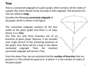 Tree is a connected subgraph of a given graph, which contains all the nodes of
a graph. But, there should not be any loop in that subgraph. The branches of a
tree are called as twigs.
Tree
Consider the following connected subgraph of
the graph, which is shown in the figure.
This connected subgraph contains all the four
nodes of the given graph and there is no loop.
Hence, it is a Tree.
This Tree has only three branches out of six
branches of given graph. Because, if we consider
even single branch of the remaining branches of
the graph, then there will be a loop in the above
connected subgraph. Then, the resultant
connected subgraph will not be a Tree.
From the above Tree, we can conclude that the number of branches that are
present in a Tree should be equal to n - 1 where ‘n’ is the number of nodes of
the given graph.
12
 