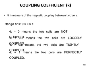 • It is measure of the magnetic coupling between two coils.
129
COUPLING COEFFICIENT (k)
Range of k: 0 ≤ k ≤ 1
•k = 1 means the two coils are PERFECTLY
COUPLED.
•k > 0.5 means the two coils are TIGHTLY
COUPLED.
•k < 0.5 means the two coils are LOOSELY
COUPLED.
•k = 0 means the two coils are NOT
COUPLED.
 