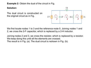 Example 2: Obtain the dual of the circuit in Fig.
Solution:
The dual circuit is constructed on
the original circuit as in Fig.
We first locate nodes 1 to 3 and the reference node 0. Joining nodes 1 and
2, we cross the 2-F capacitor, which is replaced by a 2-H inductor.
Joining nodes 2 and 3, we cross the resistor, which is replaced by a resistor.
We keep doing this until all the elements are crossed.
The result is in Fig. (a). The dual circuit is redrawn in Fig. (b).
 