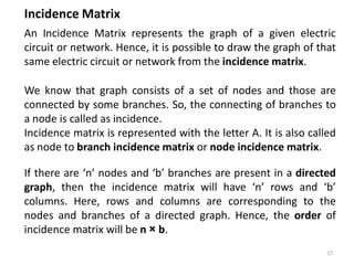 Incidence Matrix
An Incidence Matrix represents the graph of a given electric
circuit or network. Hence, it is possible to draw the graph of that
same electric circuit or network from the incidence matrix.
We know that graph consists of a set of nodes and those are
connected by some branches. So, the connecting of branches to
a node is called as incidence.
Incidence matrix is represented with the letter A. It is also called
as node to branch incidence matrix or node incidence matrix.
If there are ‘n’ nodes and ‘b’ branches are present in a directed
graph, then the incidence matrix will have ‘n’ rows and ‘b’
columns. Here, rows and columns are corresponding to the
nodes and branches of a directed graph. Hence, the order of
incidence matrix will be n × b.
17
 