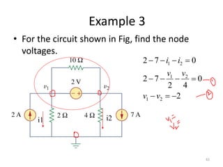 Example 3
• For the circuit shown in Fig, find the node
voltages.
1 2
1 2
1 2
2 7 0
2 7 0
2 4
2
i i
v v
v v
   
   
  
61
i1 i2
 