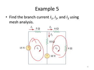 Example 5
• Find the branch current I1, I2, and I3 using
mesh analysis.
70
 