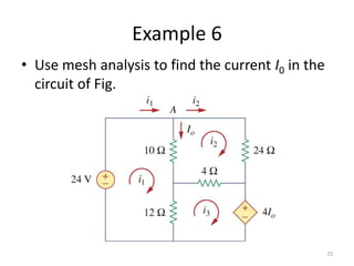 Example 6
• Use mesh analysis to find the current I0 in the
circuit of Fig.
72
 