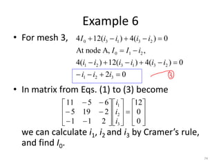 Example 6
• For mesh 3,
• In matrix from Eqs. (1) to (3) become
we can calculate i1, i2 and i3 by Cramer’s rule,
and find I0.
74
02
0)(4)(12)(4
,A,nodeAt
0)(4)(124
321
231321
210
23130




iii
iiiiii
iII
iiiiI




























0
0
12
211
2195
6511
3
2
1
i
i
i
 