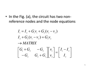 • In the Fig. (a), the circuit has two non-
reference nodes and the node equations
76





 

















2
21
2
1
322
221
232122
2121121
)(
)(
I
II
v
v
GGG
GGG
MATRIX
vGvvGI
vvGvGII
 