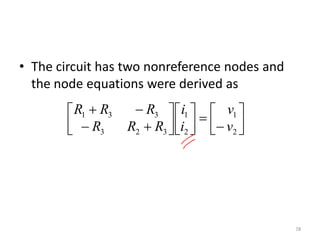 • The circuit has two nonreference nodes and
the node equations were derived as
78
















2
1
2
1
323
331
v
v
i
i
RRR
RRR
 