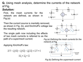 Q. Using mesh analysis, determine the currents of the network
of Fig.
Solution:
First, the mesh currents for the
network are defined, as shown in
Fig.(a)
Then the current source is mentally removed,
as shown in Fig. (b), and Kirchhoff’s voltage law is applied to
the resulting network.
The single path now including the effects
of two mesh currents is referred to as the
path of a supermesh current.
Applying Kirchhoff’s law:
Fig (b) Defining the supermesh current
Fig (a) Defining the mesh currents for the
network of Fig.
 