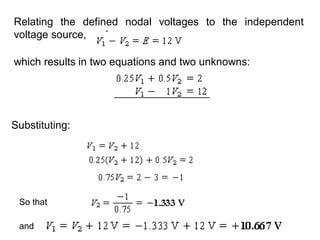 Relating the defined nodal voltages to the independent
voltage source, we have
which results in two equations and two unknowns:
Substituting:
So that
and
 