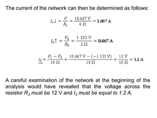 The current of the network can then be determined as follows:
A careful examination of the network at the beginning of the
analysis would have revealed that the voltage across the
resistor R3 must be 12 V and I3 must be equal to 1.2 A.
 