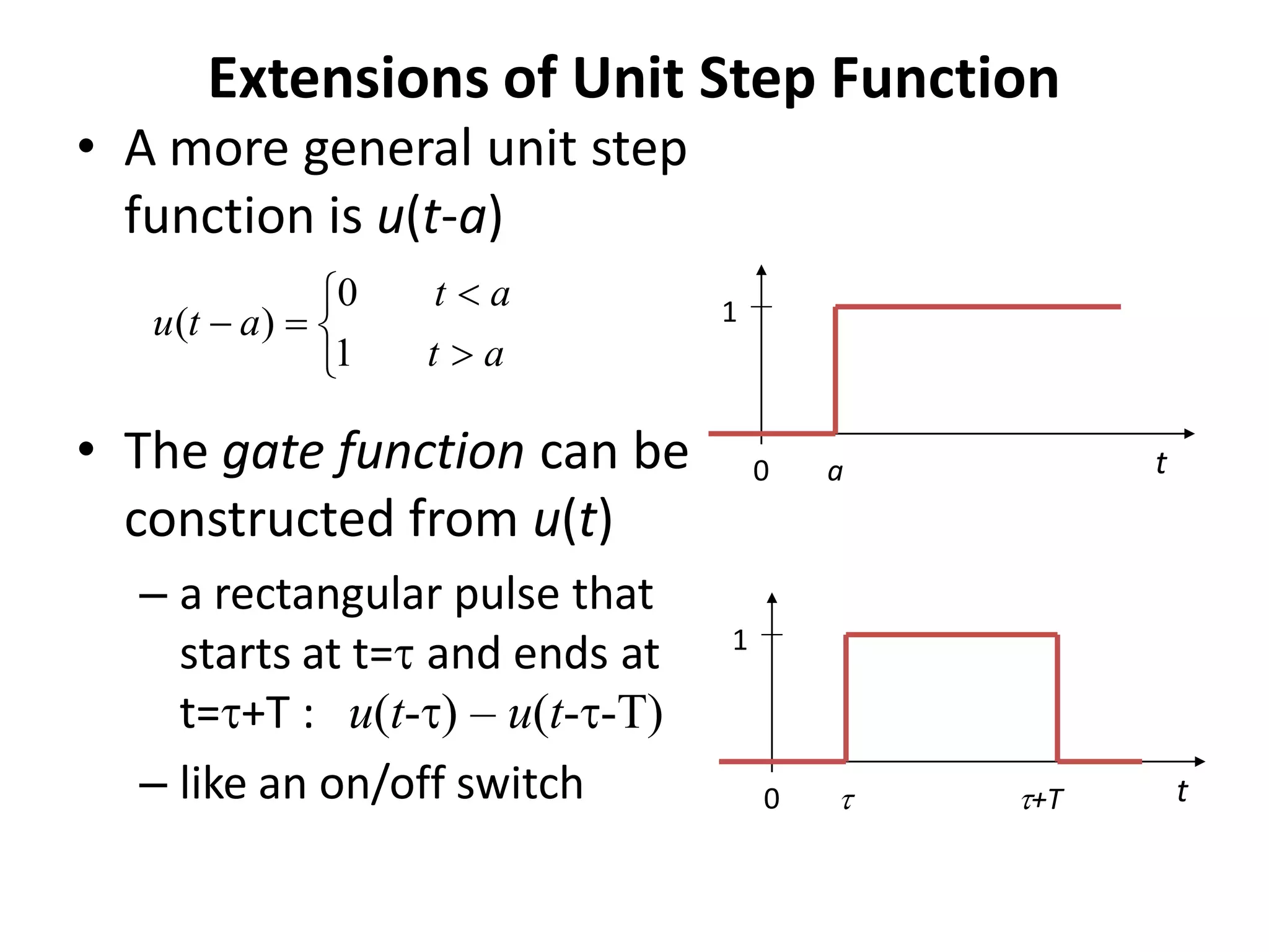 Extensions of Unit Step Function
• A more general unit step
function is u(t-a)






at
at
atu
1
0
)( 1
t0 a
1
t0  +T
• The gate function can be
constructed from u(t)
– a rectangular pulse that
starts at t= and ends at
t=+T : u(t-) – u(t--T)
– like an on/off switch
 