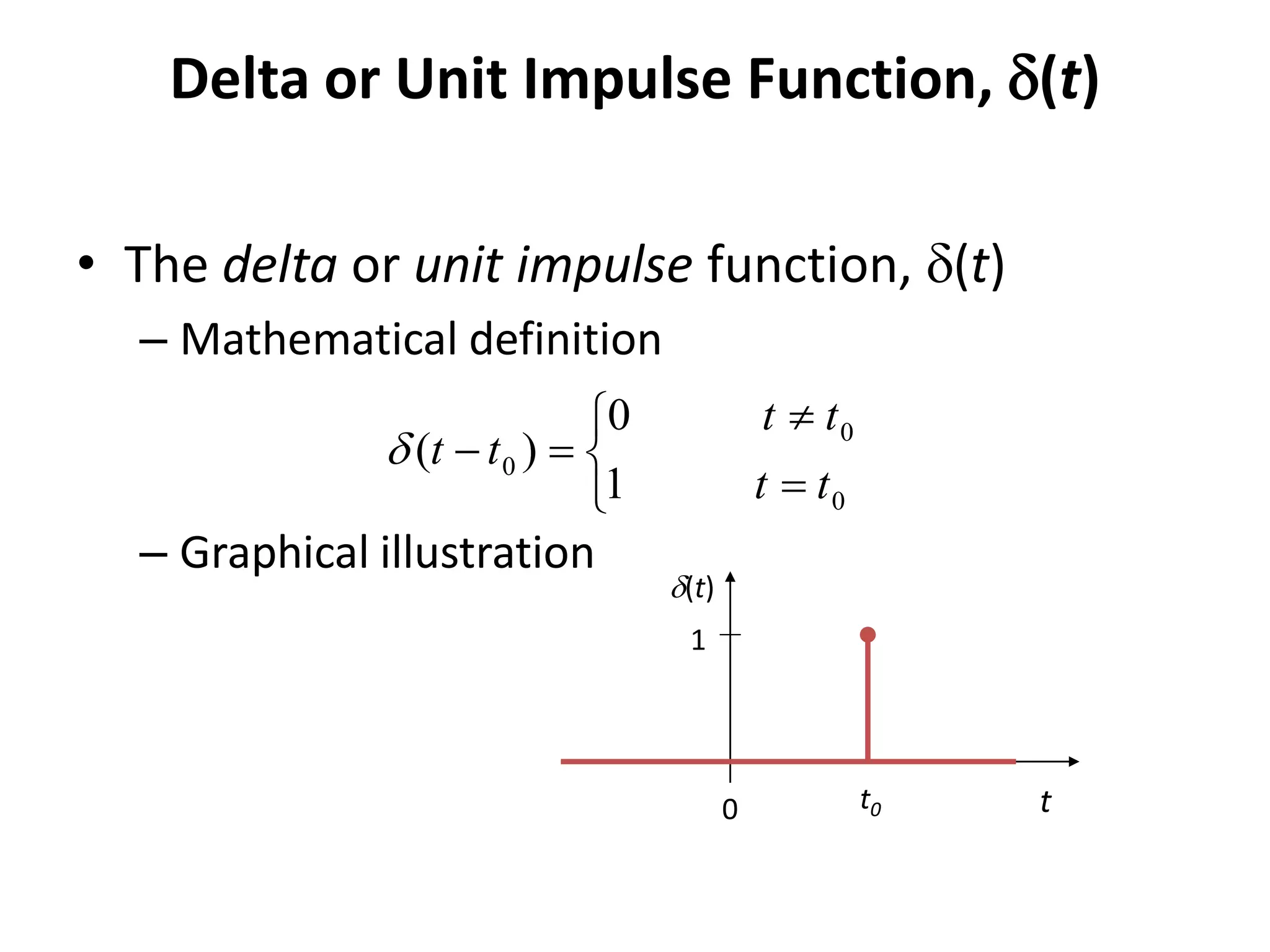 Delta or Unit Impulse Function, (t)
• The delta or unit impulse function, (t)
– Mathematical definition
– Graphical illustration






0
0
0
1
0
)(
tt
tt
tt
1
t0
(t)
t0
 