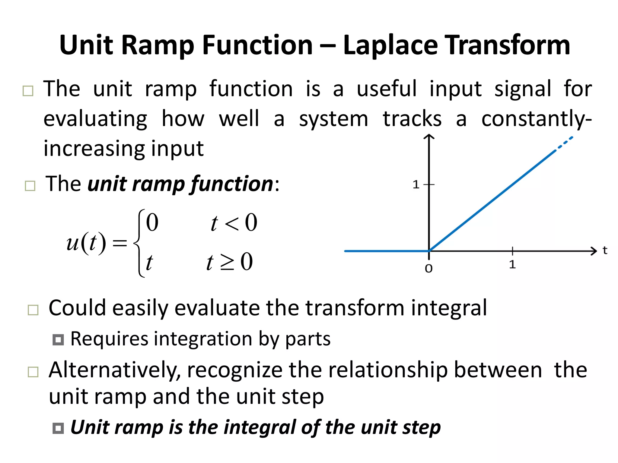 Unit Ramp Function – Laplace Transform
 Could easily evaluate the transform integral
 Requires integration by parts
 Alternatively, recognize the relationship between the
unit ramp and the unit step
 Unit ramp is the integral of the unit step
 The unit ramp function is a useful input signal for
evaluating how well a system tracks a constantly‐
increasing input






0
00
)(
tt
t
tu
 The unit ramp function:
 