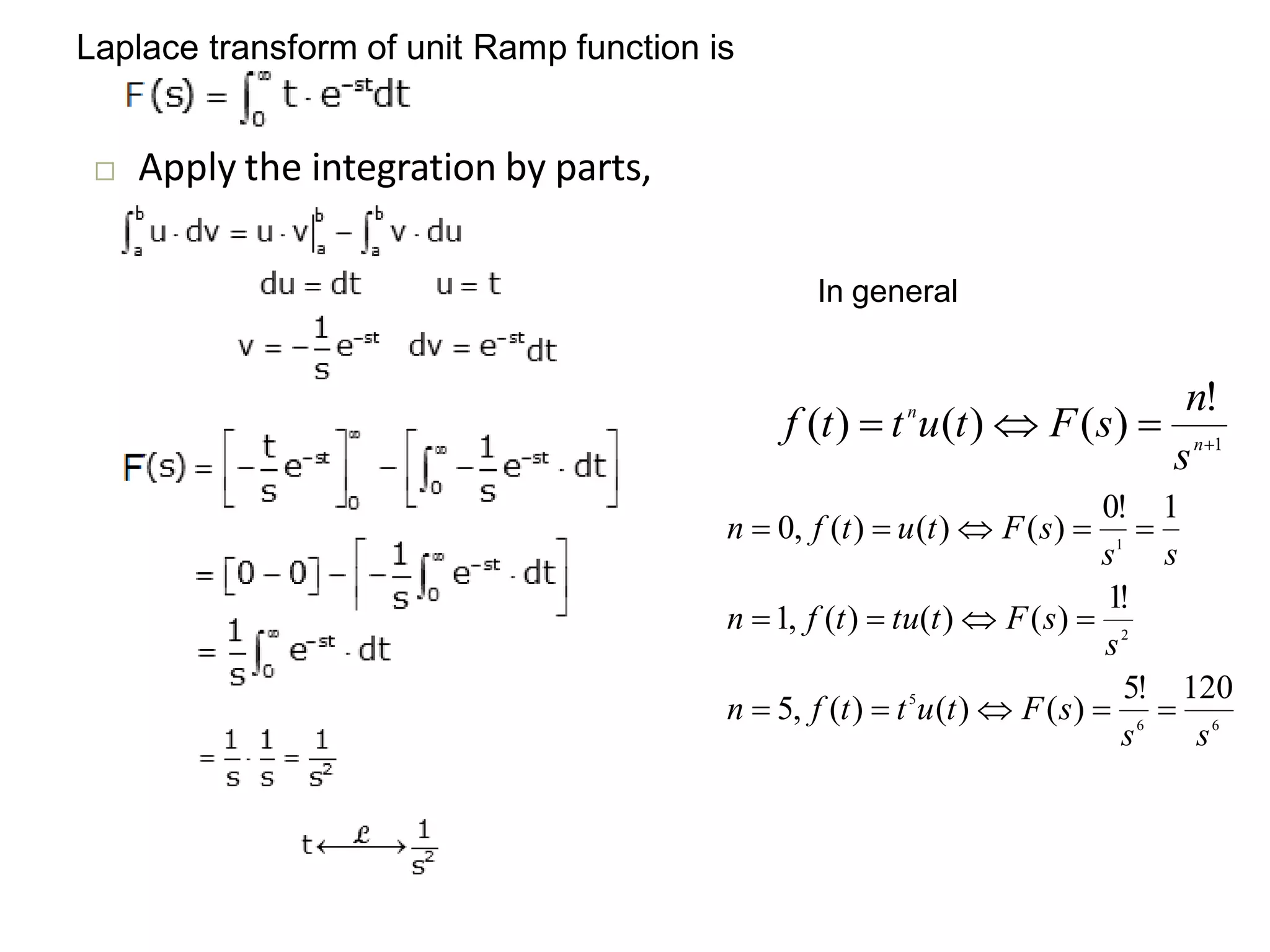  Apply the integration by parts,
Laplace transform of unit Ramp function is
1
!
)()()( 
 n
n
s
n
sFtuttf
In general
66
5
2
1
120!5
)()()(,5
!1
)()()(,1
1!0
)()()(,0
ss
sFtuttfn
s
sFttutfn
ss
sFtutfn



 