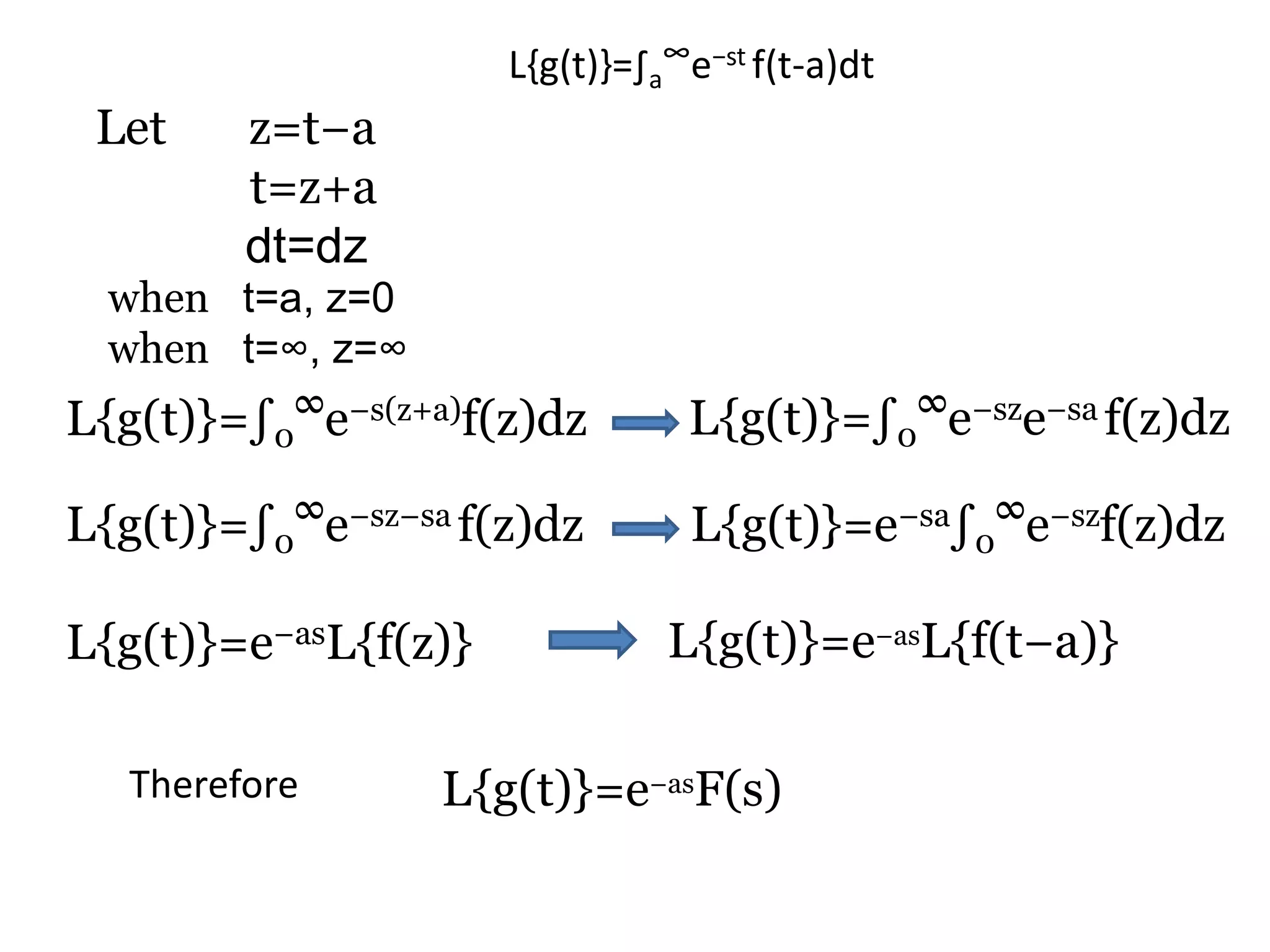 Let z=t−a
t=z+a
dt=dz
L{g(t)}=e−asF(s)Therefore
L{g(t)}=∫a
∞e−st f(t-a)dt
L{g(t)}=∫0
∞e−sz−sa f(z)dz
L{g(t)}=∫0
∞e−sze−sa f(z)dzL{g(t)}=∫0
∞e−s(z+a)f(z)dz
when t=a, z=0
when t=∞, z=∞
L{g(t)}=e−sa∫0
∞e−szf(z)dz
L{g(t)}=e−asL{f(t−a)}L{g(t)}=e−asL{f(z)}
 