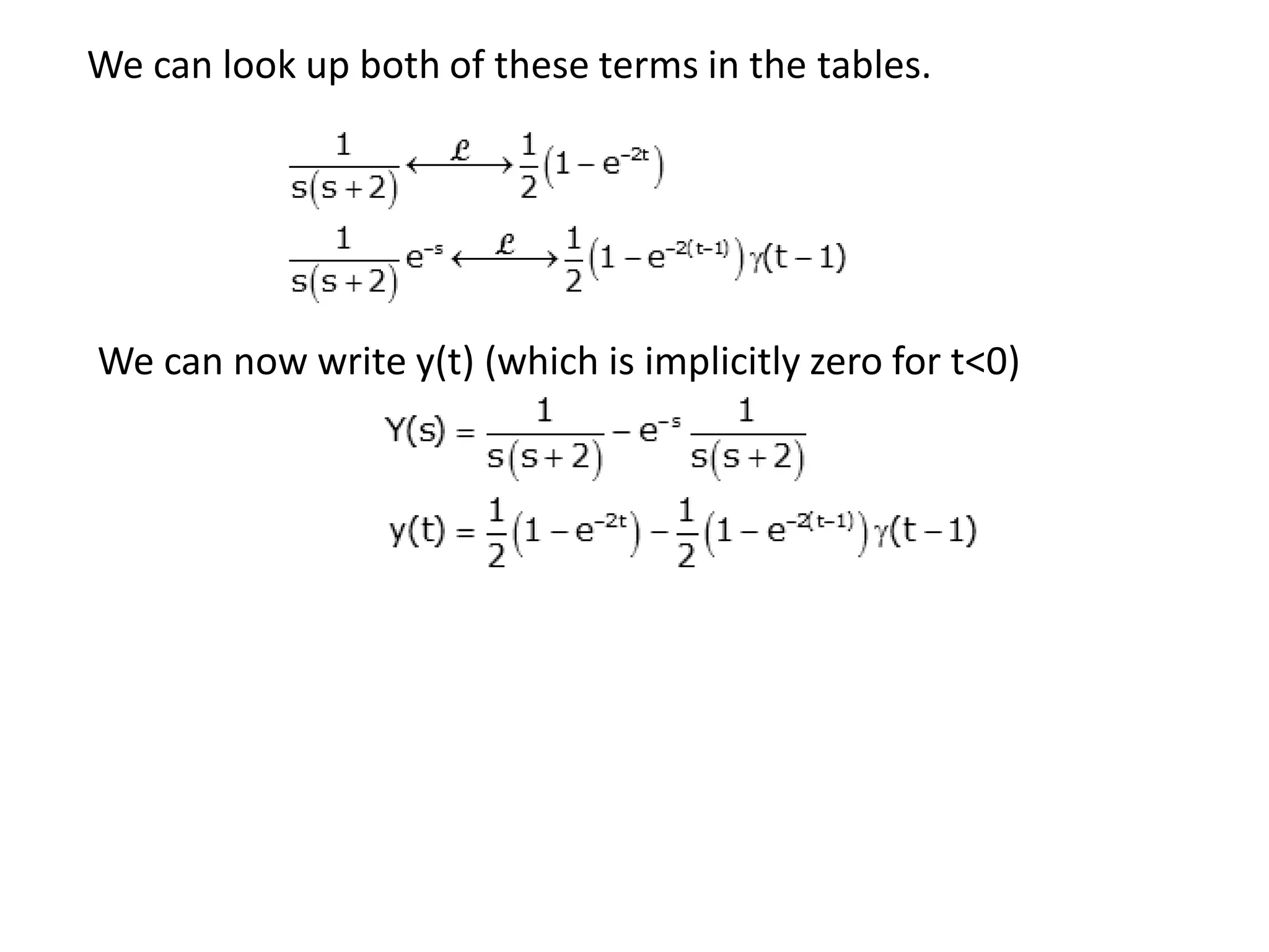 We can now write y(t) (which is implicitly zero for t<0)
We can look up both of these terms in the tables.
 