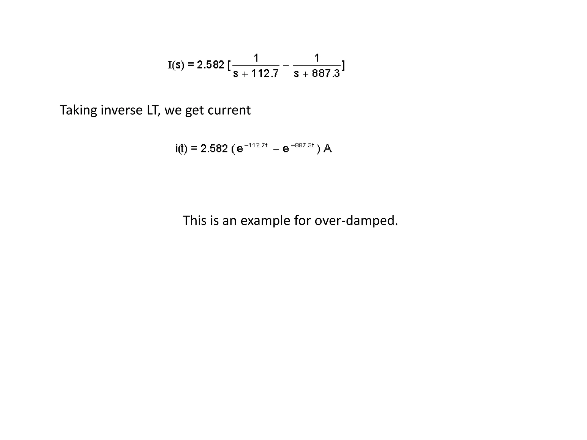 This is an example for over-damped.
Taking inverse LT, we get current
 