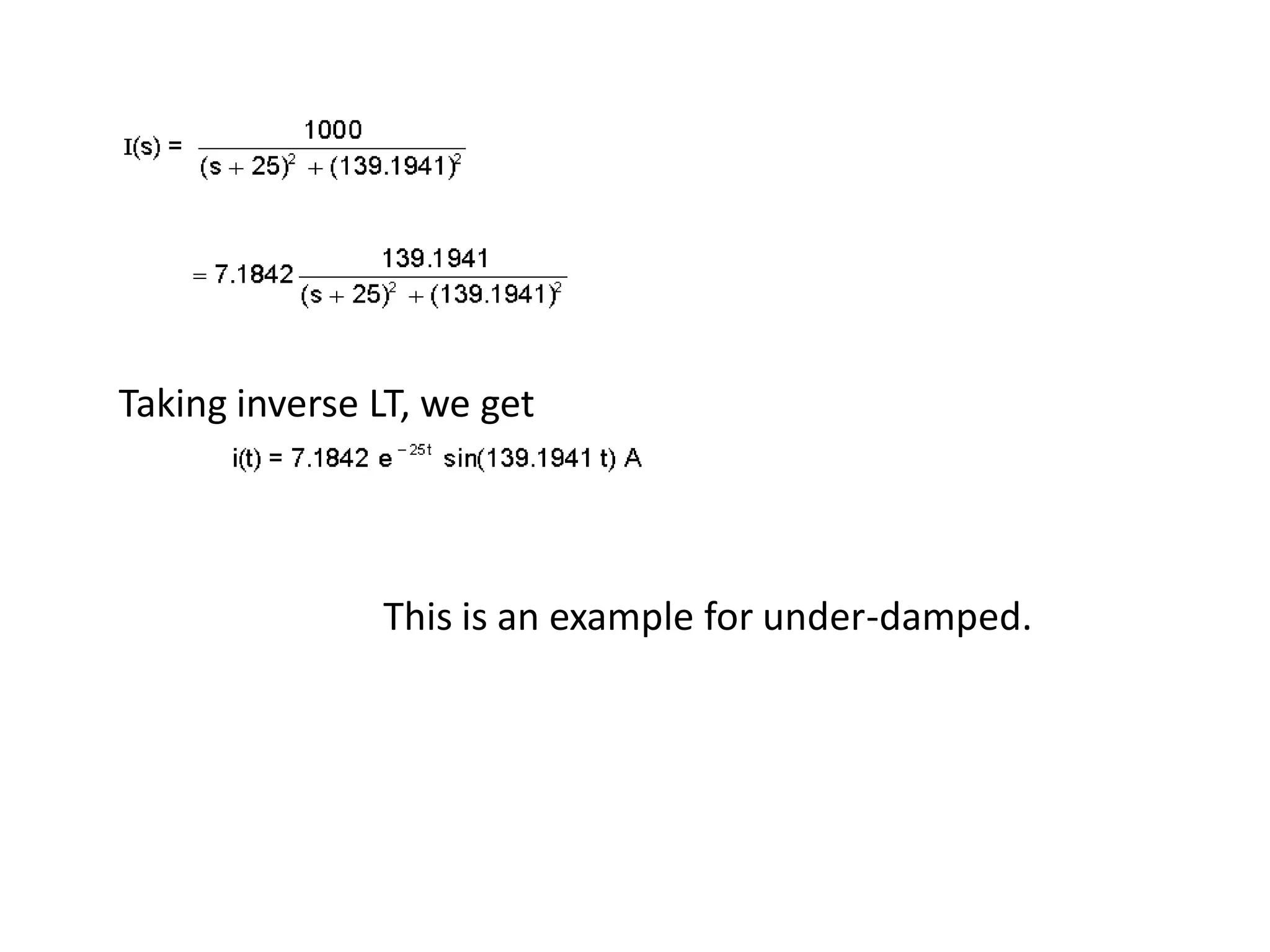 This is an example for under-damped.
Taking inverse LT, we get
 