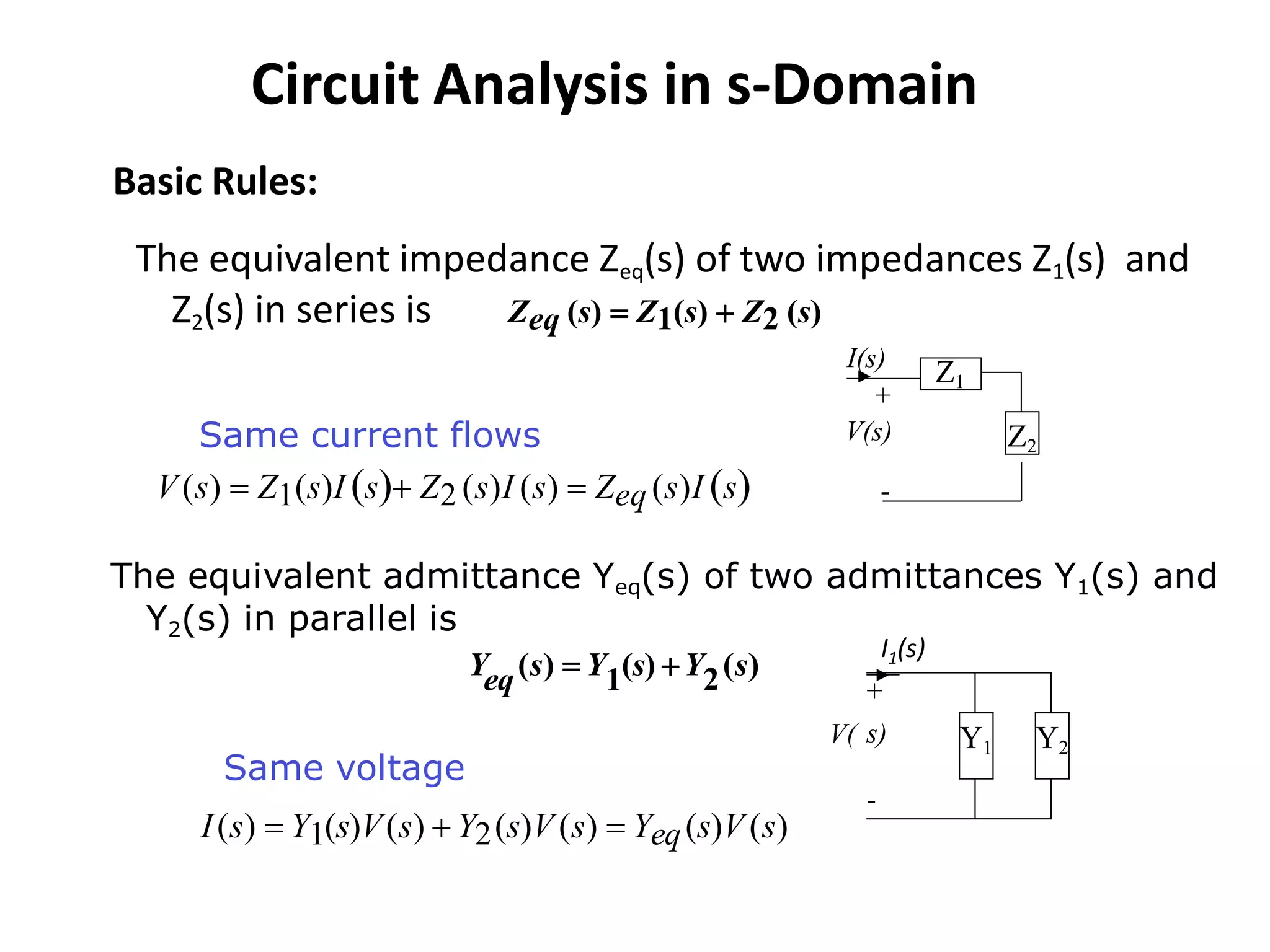 Circuit Analysis in s-Domain
The equivalent impedance Zeq(s) of two impedances Z1(s) and
Z2(s) in series is
V(s) Z2
Z1
+
-
Same current flows
V(s)  Z1(s)I s Z2 (s)I (s)  Zeq (s)I s
The equivalent admittance Yeq(s) of two admittances Y1(s) and
Y2(s) in parallel is
+
s) Y1 Y2
-
V(
Same voltage
I(s)  Y1(s)V(s) Y2(s)V(s)  Yeq(s)V(s)
I(s)
Basic Rules:
I1(s)
Yeq(s)  Y1(s) Y2(s)
Zeq (s)  Z1(s)  Z2 (s)
 