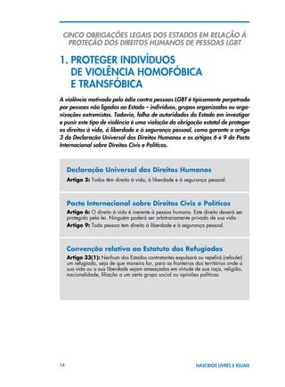 14 NASCIDOS LIVRES E IGUAIS
CINCO OBRIGAÇÕES LEGAIS DOS ESTADOS EM RELAÇÃO À
PROTEÇÃO DOS DIREITOS HUMANOS DE PESSOAS LGBT
1.	Proteger indivÍduos
	 DE VIOLÊNCIA HOMOFÓBICA
	 E TRANSFÓBICA
A violência motivada pelo ódio contra pessoas LGBT é tipicamente perpetrada
por pessoas não ligadas ao Estado – indivíduos, grupos organizados ou orga-
nizações extremistas. Todavia, falha de autoridades do Estado em investigar
e punir este tipo de violência é uma violação da obrigação estatal de proteger
os direitos à vida, à liberdade e à segurança pessoal, como garante o artigo
3 da Declaração Universal dos Direitos Humanos e os artigos 6 e 9 do Pacto
Internacional sobre Direitos Civis e Políticos.
Declaração Universal dos Direitos Humanos
Artigo 3: Todos têm direito à vida, à liberdade e à segurança pessoal.
Pacto Internacional sobre Direitos Civis e Políticos
Artigo 6: O direito à vida é inerente à pessoa humana. Este direito deverá ser
protegido pela lei. Ninguém poderá ser arbitrariamente privado de sua vida.
Artigo 9: Toda pessoa tem direito à liberdade e à segurança pessoal.
Convenção relativa ao Estatuto dos Refugiados
Artigo 33(1): Nenhum dos Estados contratantes expulsará ou repelirá (refouler)
um refugiado, seja de que maneira for, para as fronteiras dos territórios onde a
sua vida ou a sua liberdade sejam ameaçadas em virtude de sua raça, religião,
nacionalidade, filiação a um certo grupo social ou opiniões políticas.
 