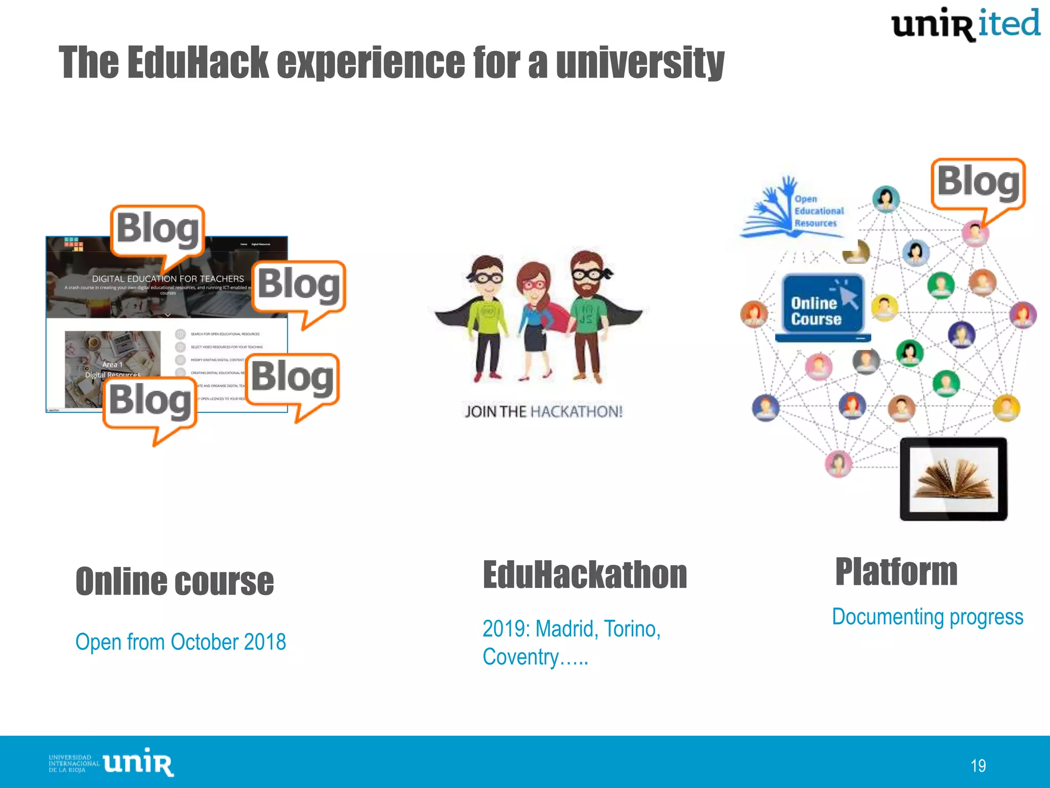 19
Online course PlatformEduHackathon
Open from October 2018
2019: Madrid, Torino,
Coventry…..
Documenting progress
The EduHack experience for a university
 