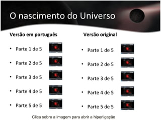 O nascimento do Universo
Versão em português
• Parte 1 de 5
• Parte 2 de 5
• Parte 3 de 5
• Parte 4 de 5
• Parte 5 de 5
Versão original
• Parte 1 de 5
• Parte 2 de 5
• Parte 3 de 5
• Parte 4 de 5
• Parte 5 de 5
Clica sobre a imagem para abrir a hiperligação
 