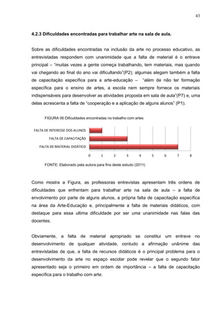 43



4.2.3 Dificuldades encontradas para trabalhar arte na sala de aula.


Sobre as dificuldades encontradas na inclusão da arte no processo educativo, as
entrevistadas respondem com unanimidade que a falta de material é o entrave
principal – “muitas vezes a gente começa trabalhando, tem materiais, mas quando
vai chegando ao final do ano vai dificultando”(P2); algumas alegam também a falta
de capacitação específica para a arte-educação –                “além de não ter formação
específica para o ensino de artes, a escola nem sempre fornece os materiais
indispensáveis para desenvolver as atividades proposta em sala de aula”(P7) e, uma
delas acrescenta a falta de “cooperação e a aplicação de alguns alunos” (P1).


      FIGURA 06 Dificuldades encontradas no trabalho com artes


 FALTA DE INTERESSE DOS ALUNOS

         FALTA DE CAPACITAÇÃO

    FALTA DE MATERIAL DIDÁTICO

                                 0    1      2       3      4      5     6     7    8

      FONTE: Elaborado pela autora para fins deste estudo (2011)



Como mostra a Figura, as professoras entrevistas apresentam três ordens de
dificuldades que enfrentam para trabalhar arte na sala de aula – a falta de
envolvimento por parte de alguns alunos, a própria falta de capacitação específica
na área da Arte-Educação e, principalmente a falta de materiais didáticos, com
destaque para essa ultima dificuldade por ser uma unanimidade nas falas das
docentes.


Obviamente, a falta de material apropriado se constitui um entrave no
desenvolvimento de qualquer atividade, contudo a afirmação unânime das
entrevistadas de que, a falta de recursos didáticos é o principal problema para o
desenvolvimento da arte no espaço escolar pode revelar que o segundo fator
apresentado seja o primeiro em ordem de importância – a falta de capacitação
específica para o trabalho com arte.
 