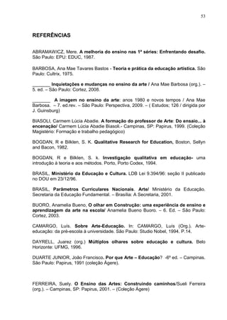 53



REFERÊNCIAS


ABRAMAWICZ, Mere. A melhoria do ensino nas 1ª séries: Enfrentando desafio.
São Paulo: EPU: EDUC, 1987.

BARBOSA, Ana Mae Tavares Bastos - Teoria e prática da educação artística. São
Paulo: Cultrix, 1975.

_______ Inquietações e mudanças no ensino da arte / Ana Mae Barbosa (org.). –
5. ed. – São Paulo: Cortez, 2008.

_______ A imagem no ensino da arte: anos 1980 e novos tempos / Ana Mae
Barbosa. – 7. ed.rev. – São Paulo: Perspectiva, 2009. – ( Estudos; 126 / dirigida por
J. Guinsburg)

BIASOLI, Carmem Lúcia Abadie. A formação do professor de Arte: Do ensaio... à
encenação/ Carmem Lúcia Abadie Biasoli.- Campinas, SP: Papirus, 1999. (Coleção
Magistério: Formação e trabalho pedagógico)

BOGDAN, R e Bilklen, S. K. Qualitative Research for Education, Boston, Sellyn
and Bacon, 1982.

BOGDAN, R e Bilklen, S. k. Investigação qualitativa em educação- uma
introdução à teoria e aos métodos. Porto, Porto Codex, 1994.

BRASIL, Ministério da Educação e Cultura. LDB Lei 9.394/96: seção II publicado
no DOU em 23/12/96.

BRASIL, Parâmetros Curriculares Nacionais. Arte/ Ministério da Educação.
Secretaria da Educação Fundamental. – Brasília: A Secretaria, 2001.

BUORO, Anamelia Bueno, O olhar em Construção: uma experiência de ensino e
aprendizagem da arte na escola/ Anamelia Bueno Buoro. – 6. Ed. – São Paulo:
Cortez, 2003.

CAMARGO, Luís. Sobre Arte-Educação. In: CAMARGO, Luís (Org.). Arte-
educação: da pré-escola à universidade. São Paulo: Studio Nobel, 1994. P.14.

DAYRELL, Juarez (org.) Múltiplos olhares sobre educação e cultura. Belo
Horizonte: UFMG, 1996.

DUARTE JUNIOR, João Francisco. Por que Arte – Educação? -6º ed. – Campinas.
São Paulo: Papirus, 1991 (coleção Ágere).



FERREIRA, Suely. O Ensino das Artes: Construindo caminhos/Sueli Ferreira
(org.). – Campinas, SP: Papirus, 2001. – (Coleção Ágere)
 