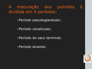 A maturação dos pulmões é
dividida em 4 períodos:
•Período pseudoglandular;
•Período canalicular;
•Período do saco terminal;
•Período alveolar.
 